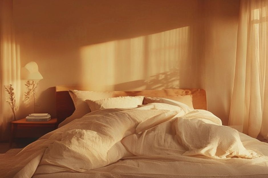 Serene bedroom at dusk with warm amber lighting and soft textures